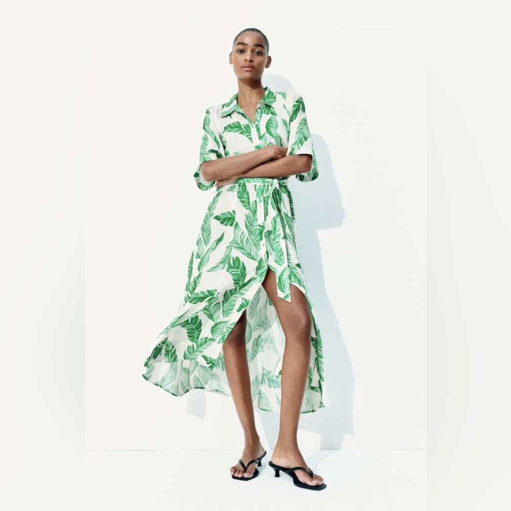 H&M TIE-BELT SHIRT DRESS Green Leaf Print Maxi Dress XXL